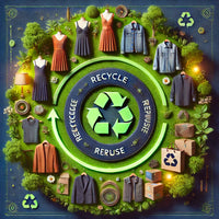 Représentation visuelle de l'économie circulaire dans la mode, montrant des vêtements recyclés, réparés et réutilisés dans un cycle continu avec un fond de verdure symbolisant la durabilité.